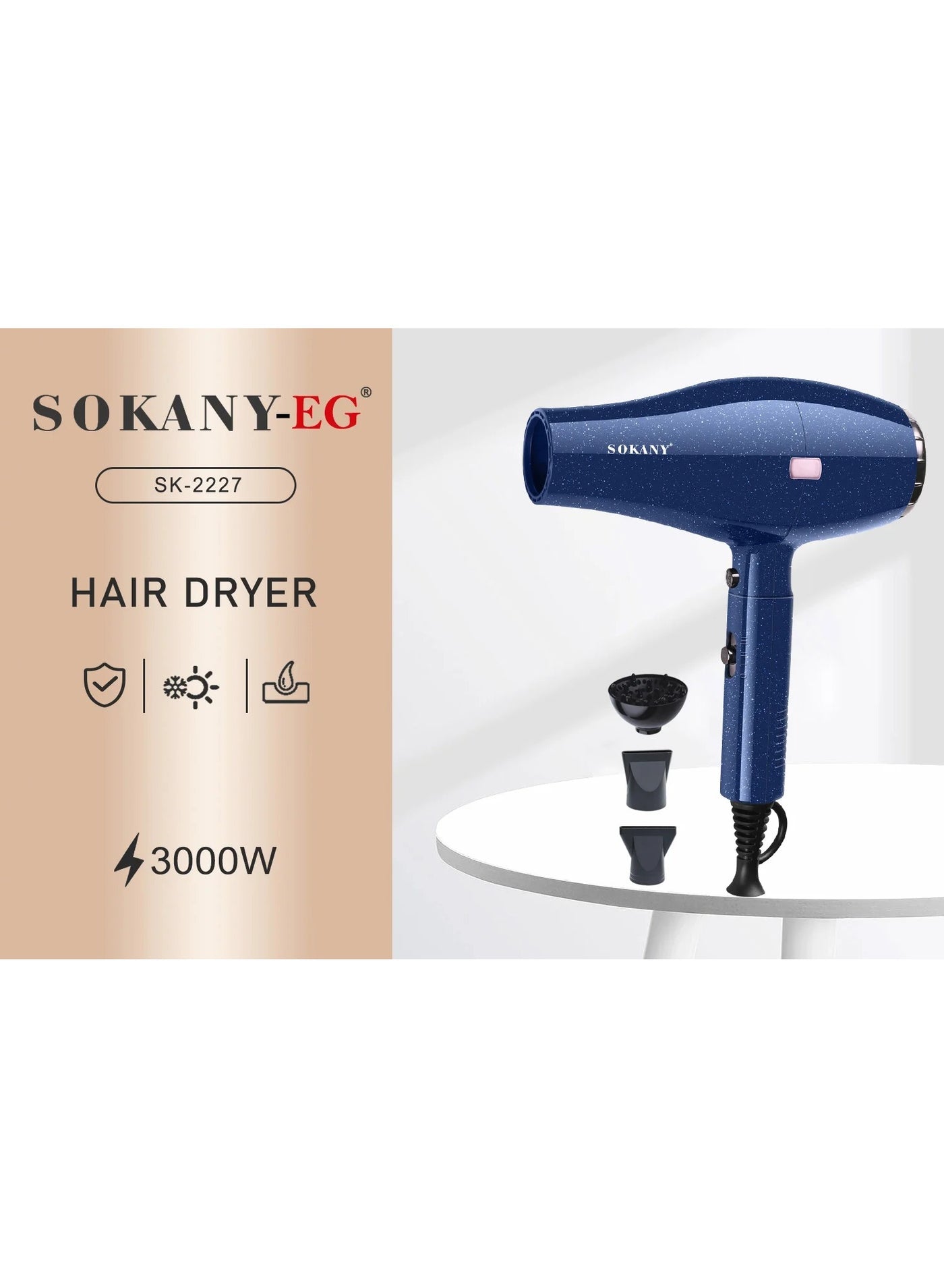 Sokany SK-2227 Ionic Hair Dryer, 3000W Fast Drying Hair Dryer, Professional Hair Dryer, 2 Speeds, 2 Temperature Settings, Includes Diffuser and Styling Nozzle, Blue