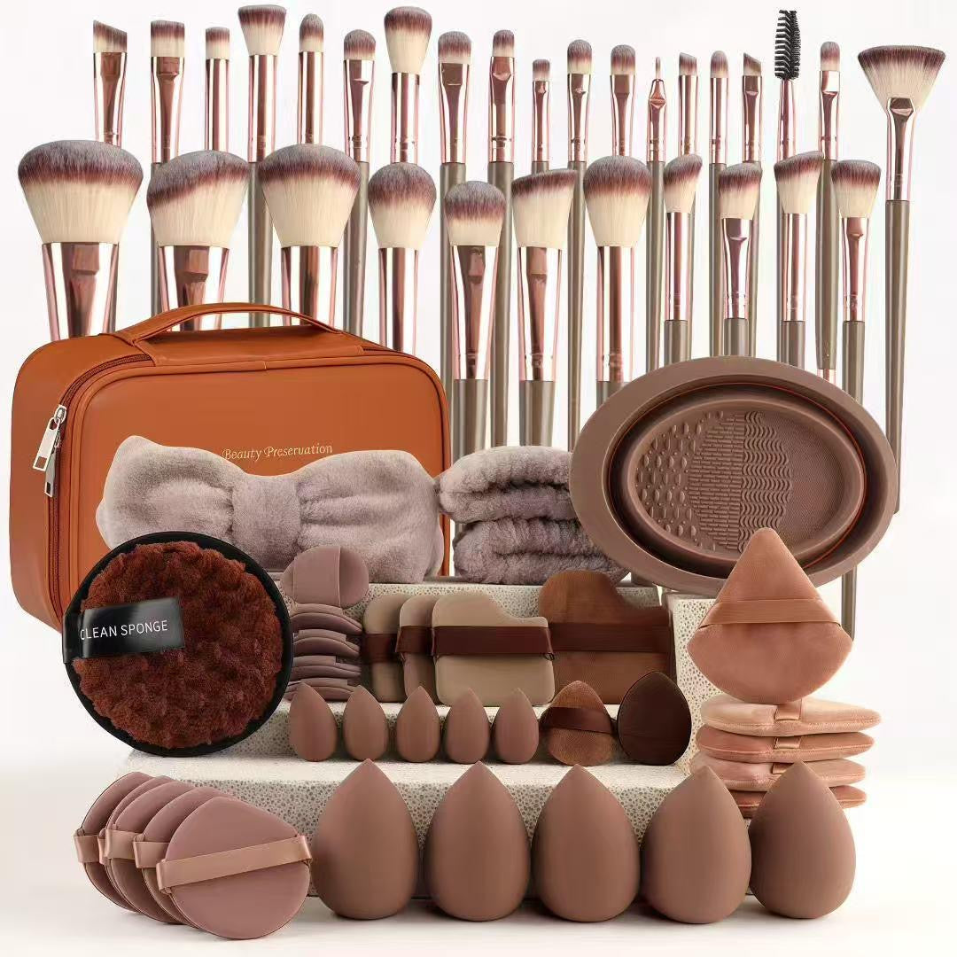 Brown Brushes Set With Leather Bag 64 PCS