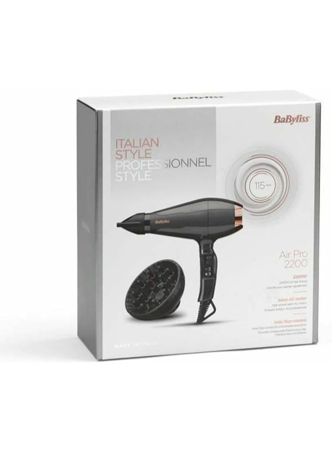 مجفف الشعر الاحترافي BaByliss Italian Air Pro 2200W بمحرك تيار متردد، تقنية أيونية، مجفف صالون صنع في إيطاليا، إعدادان للسرعة ودرجة الحرارة، فوهة ناشرة ومركزة، أسود/رمادي - 6719DE أسود