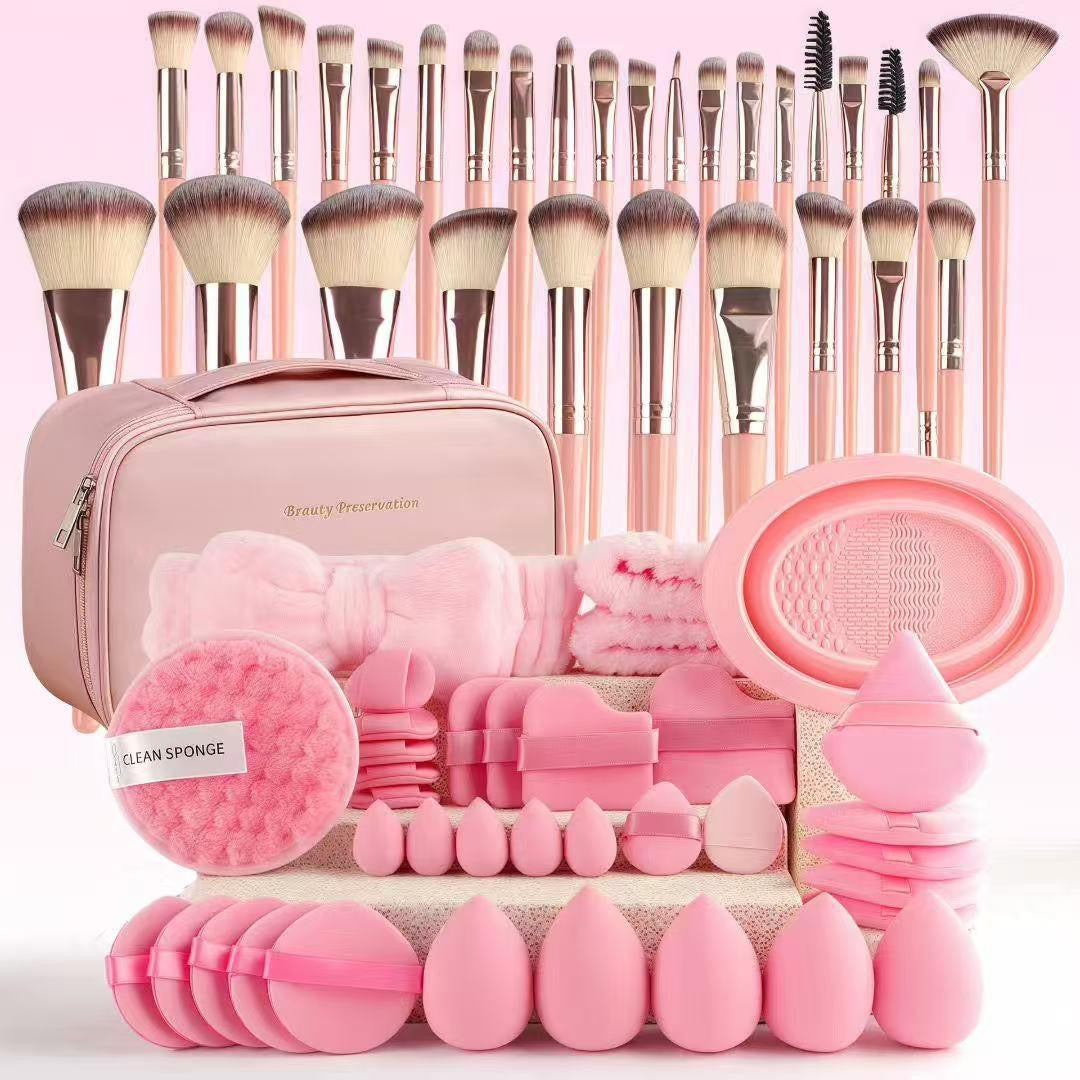 Pink Brushes Set With Leather Bag