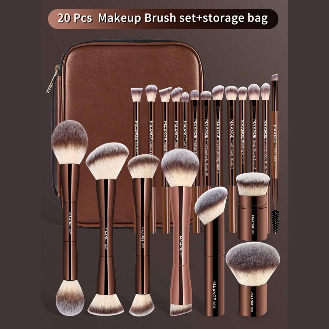MAANGE 20Pcs Professional Long Aluminum Tube Makeup Brush Set + Storage Bag