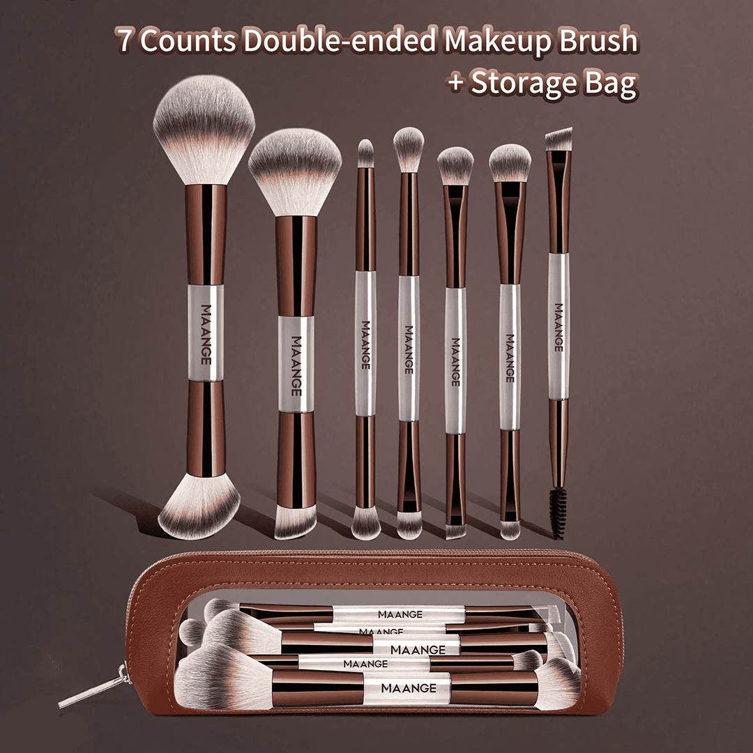 MAANGE 7Pcs Professional Facial Double-Ended Makeup Brush Set + Cosmetics Bag