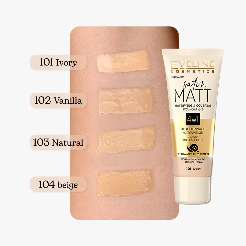 EVELINE COSMETICS SATIN MATT MATTIFYING & COVERING FOUNDATION 104 Beige