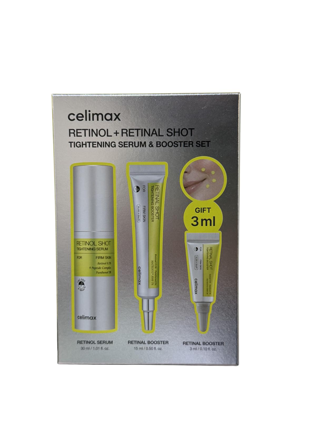 CELIMAX Retinol + Retinal Shot مجموعة شد البشرة من السيروم والمعزز 30 مل + 15 مل + هدية 3 مل