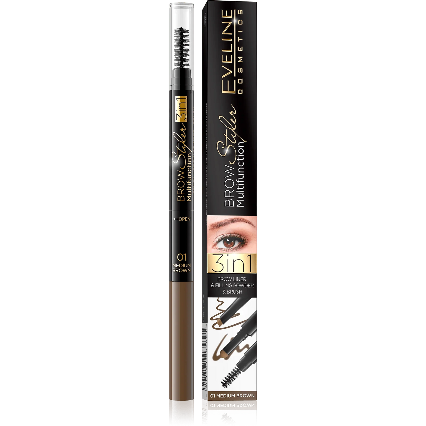 Eveline Cosmetics Brow Styler Multifunction 3 in 1 - Brow Liner -medium brown 01