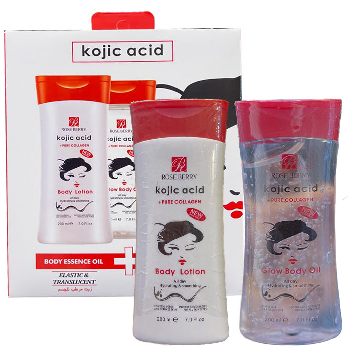 rose berry kojic acid body oil + body lotion set