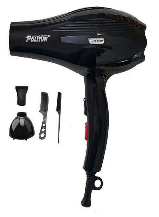 Black Polytun hair dryer with three accessories (diffuser, comb, and brush) on a plain white background.
