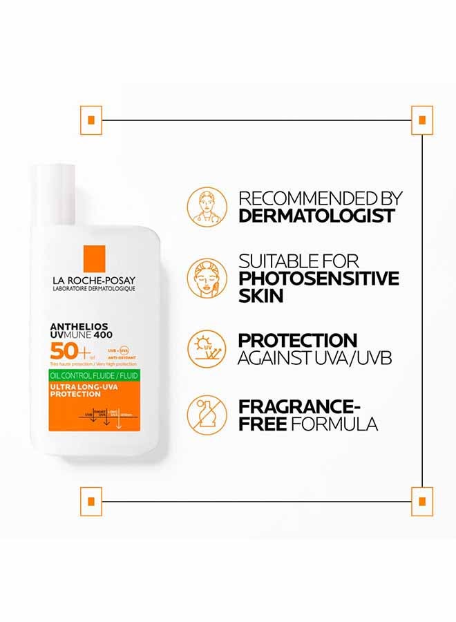 Anthelios UVMune 400 Oil Control Fluid Sunscreen SPF 50+ for Men/Women; Dermatologically-Tested Sunblock for Sensitive Oily Skin 50ML