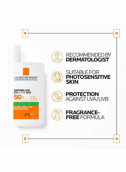 Anthelios UVMune 400 Oil Control Fluid Sunscreen SPF 50+ for Men/Women; Dermatologically-Tested Sunblock for Sensitive Oily Skin 50ML