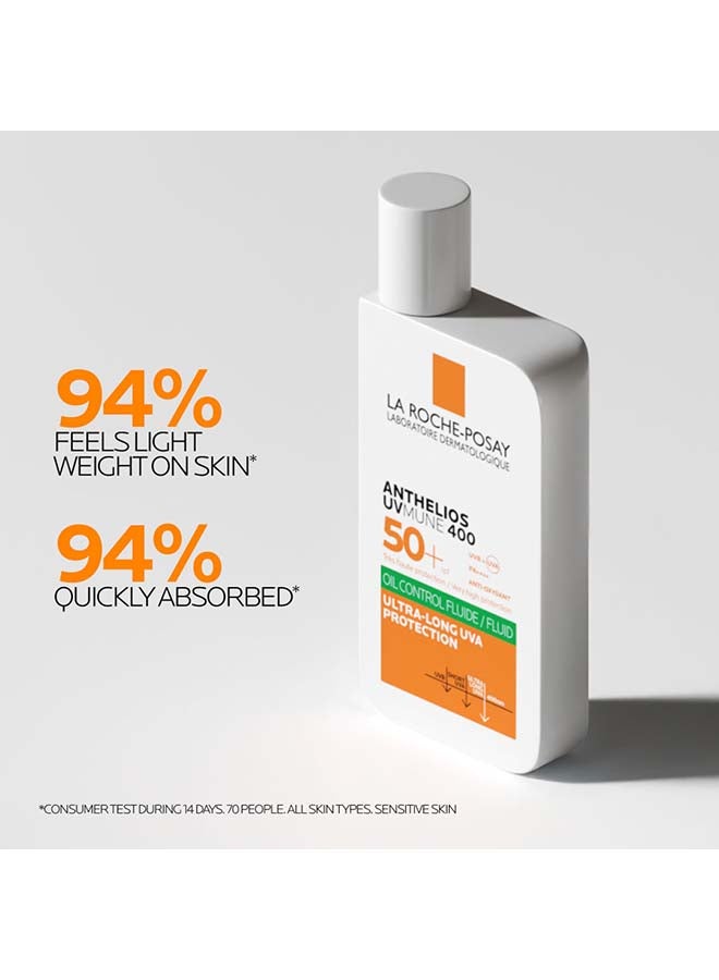 Anthelios UVMune 400 Oil Control Fluid Sunscreen SPF 50+ for Men/Women; Dermatologically-Tested Sunblock for Sensitive Oily Skin 50ML