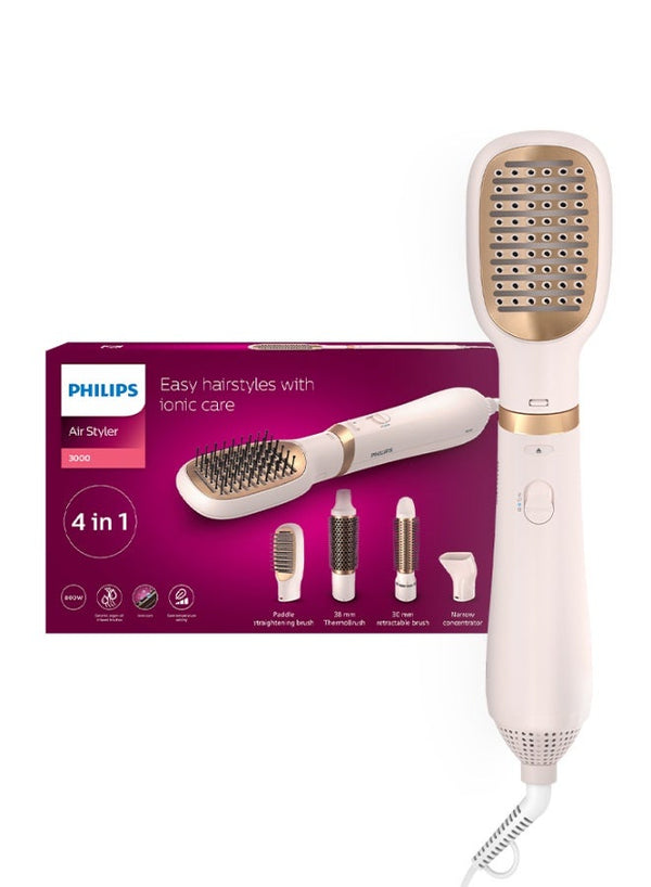 3000 Series Air Styler BHA310/03 |800 واط | مجفف ومصفف شعر 4 في 1 | 4 ملحقات (فرشاة ذات شعيرات قابلة للسحب، فرشاة حرارية 38 مم، فوهة، فرشاة فرد مجدافية) عناية أيونية | 3 إعدادات للحرارة أبيض