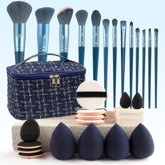 Blue Brushes Set With Tweed Bag 33 PCS