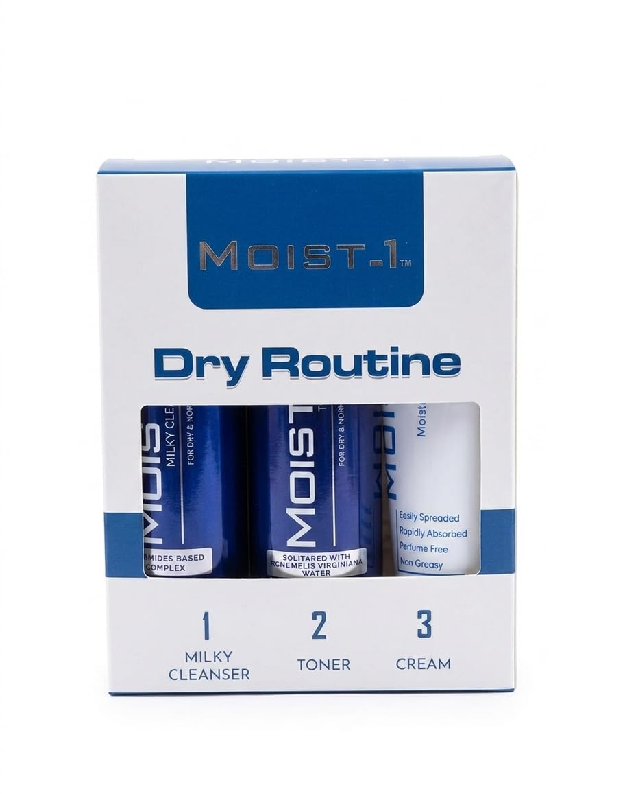 Moist-1 Dry Routine Skincare Set, Milky Cleanser, Toner, and Cream for Dry &amp; Normal Skin