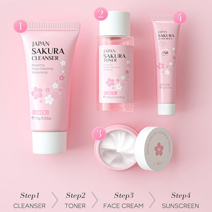 New Irven Sakura Travel Skincare Set for Teenage Girls - Face Routine Set for Women,4 Piece Gentle Skin Cleaning &amp; Care Travel Size Kit With Cleanser, Toner, sunscreen and Face Cream