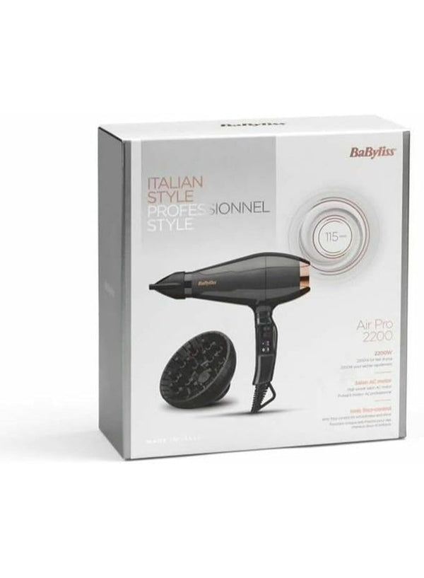 مجفف الشعر الاحترافي BaByliss Italian Air Pro 2200W بمحرك تيار متردد، تقنية أيونية، مجفف صالون صنع في إيطاليا، إعدادان للسرعة ودرجة الحرارة، فوهة ناشرة ومركزة، أسود/رمادي - 6719DE أسود