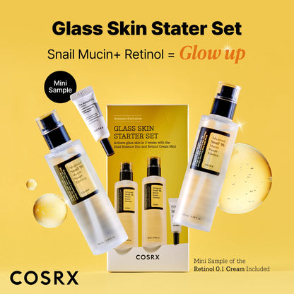 COSRX Snail 96% Mucin Power Essence عدد 2 و Retinol 0.1% Cream Mini Sample عدد 1، مجموعة Glass Skin Starter الحصرية على أمازون، مجموعة العناية الكورية المرطبة والشد اليومية بالبشرة، مجموعة هدايا