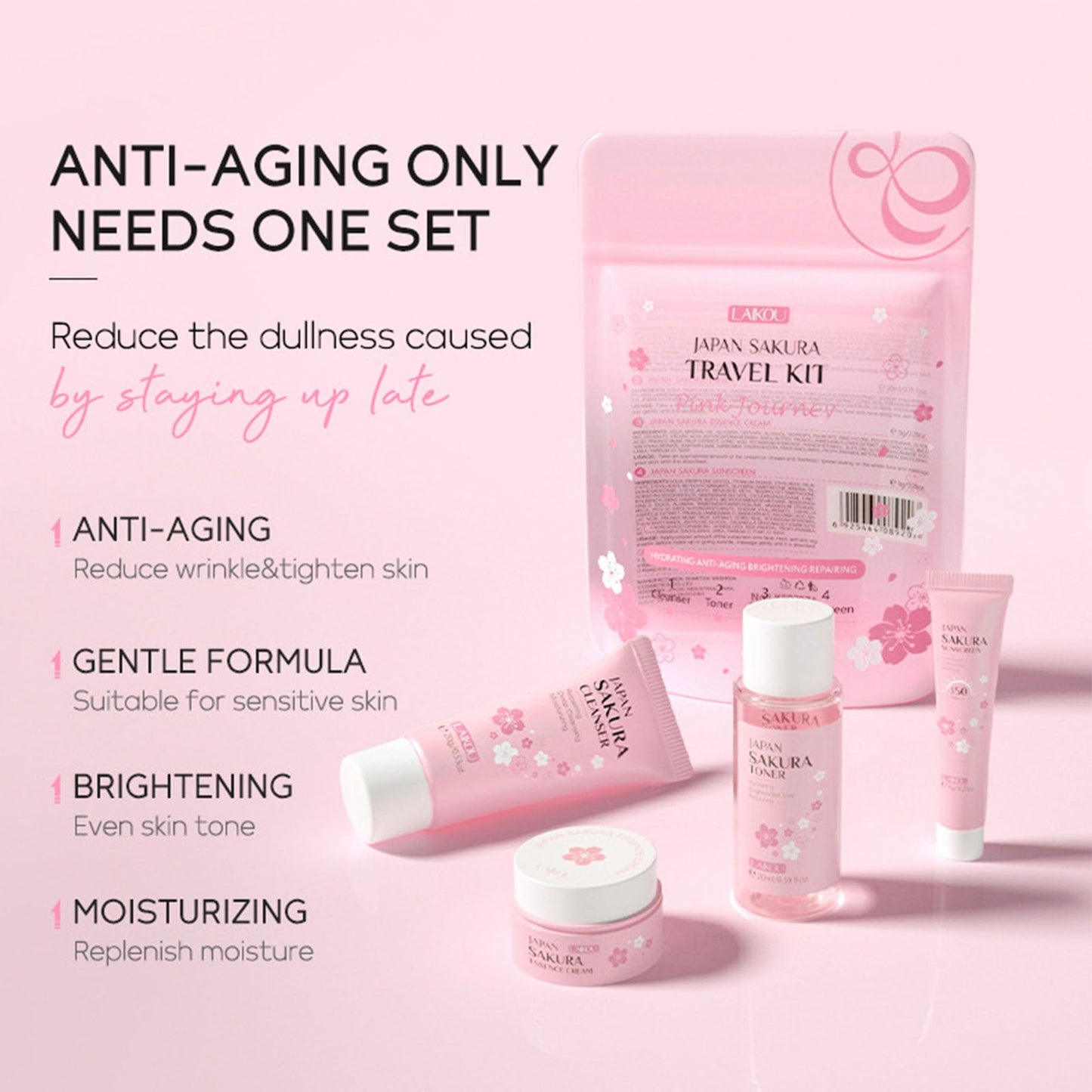 New Irven Sakura Travel Skincare Set for Teenage Girls - Face Routine Set for Women,4 Piece Gentle Skin Cleaning &amp; Care Travel Size Kit With Cleanser, Toner, sunscreen and Face Cream