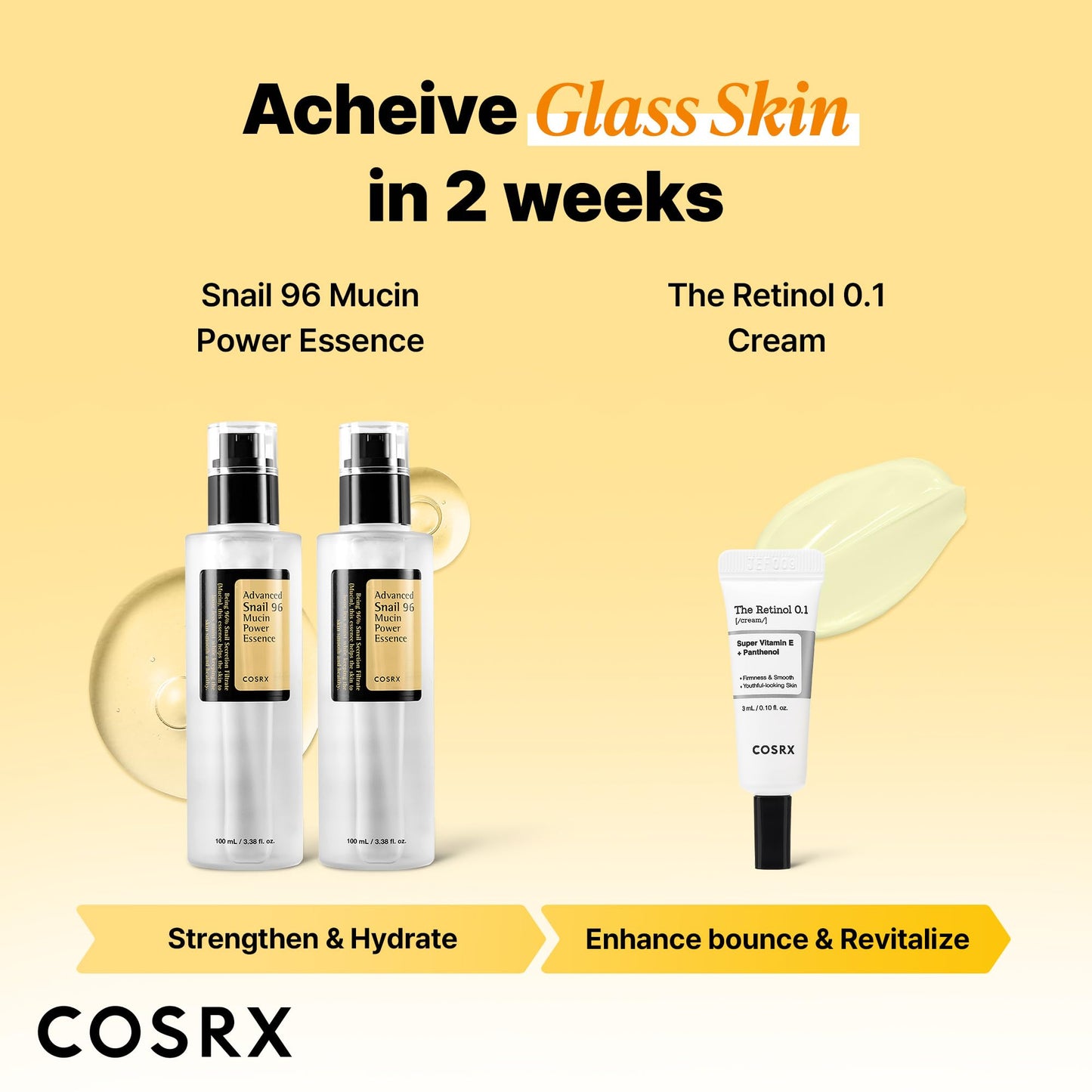 COSRX Snail 96% Mucin Power Essence عدد 2 و Retinol 0.1% Cream Mini Sample عدد 1، مجموعة Glass Skin Starter الحصرية على أمازون، مجموعة العناية الكورية المرطبة والشد اليومية بالبشرة، مجموعة هدايا
