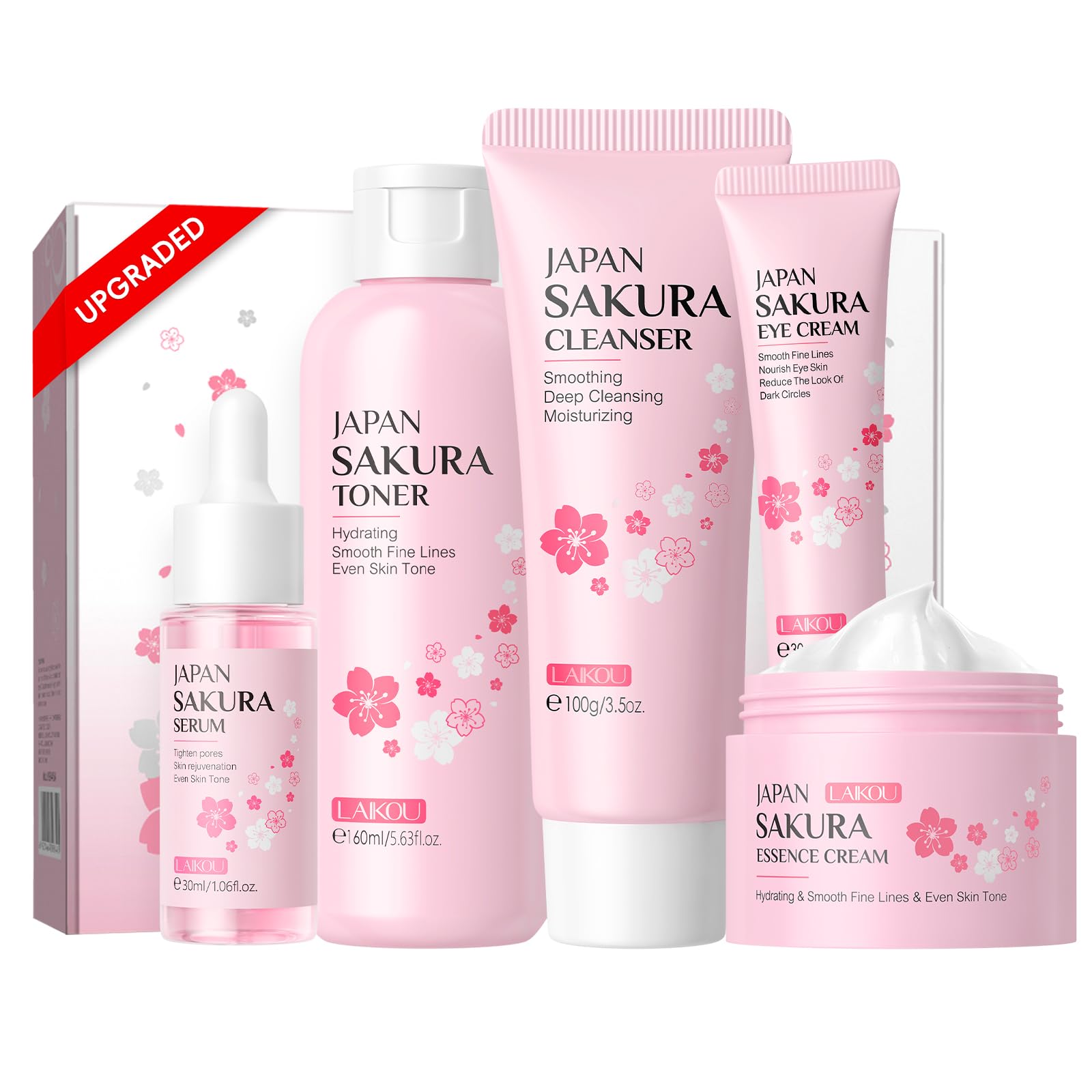 LAIKOU Skincare Set, JAPAN SAKURA Skin Care Sets &amp; Kits Gift Set for Teenagers Girls\/Women, 5 Step Daily Routine-Cleanser, Toner, Face Serum, Eye Cream &amp; Moisturise for Plump\/Smooth, 60 Day Suppply