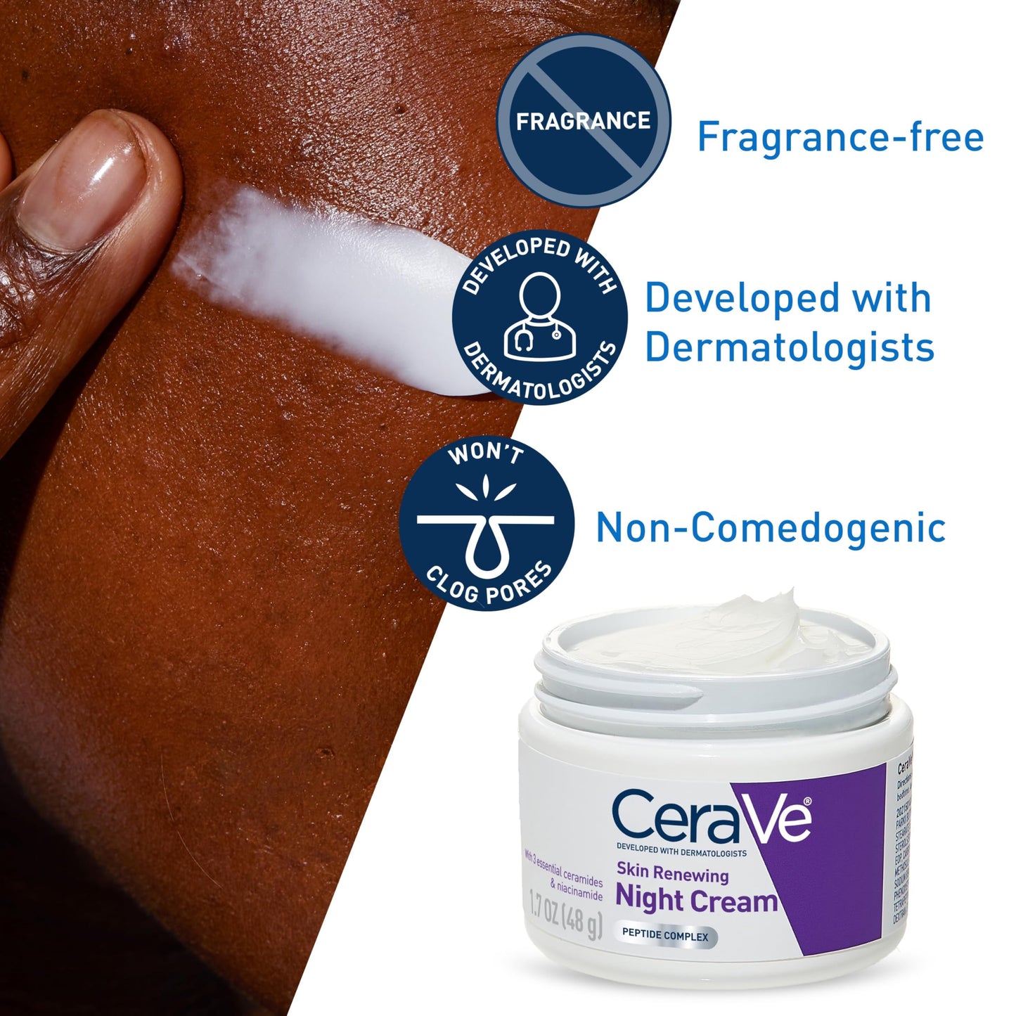 CeraVe Skin Renewing Night Cream, Peptide Complex, Hyaluronic Acid &amp; Ceramide Moisturizer for Face, 1.7 Ounce
