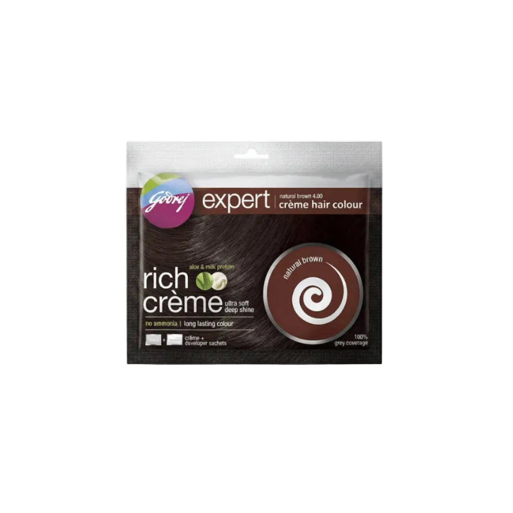Godrej Expert Rich Creme Hair Color Natural Brown 20 g+20 ml | صبغة شعر جودريج كريمية بدون أمونيا 20 جم