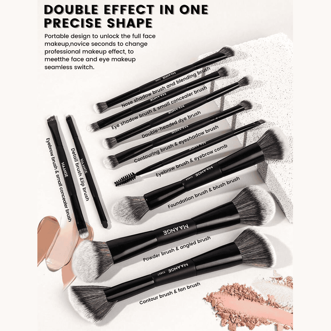 MAANGE 10Pcs Professional Dual-Ended Makeup Brush Set + Cosmetics Bag