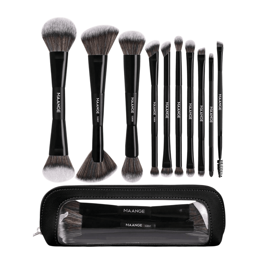 MAANGE 10Pcs Professional Dual-Ended Makeup Brush Set + Cosmetics Bag