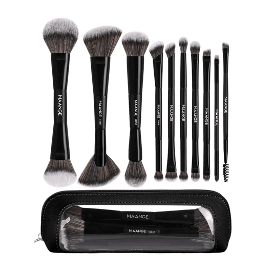 MAANGE 10Pcs Professional Dual-Ended Makeup Brush Set + Cosmetics Bag