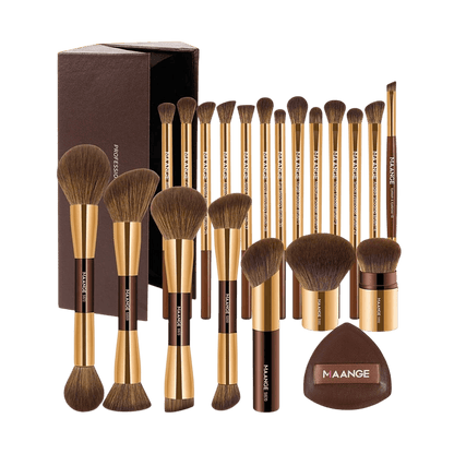 MAANGE 20Pcs Professional Aluminum Tube Makeup Brushes & Sponge Puff Set + Storage Box