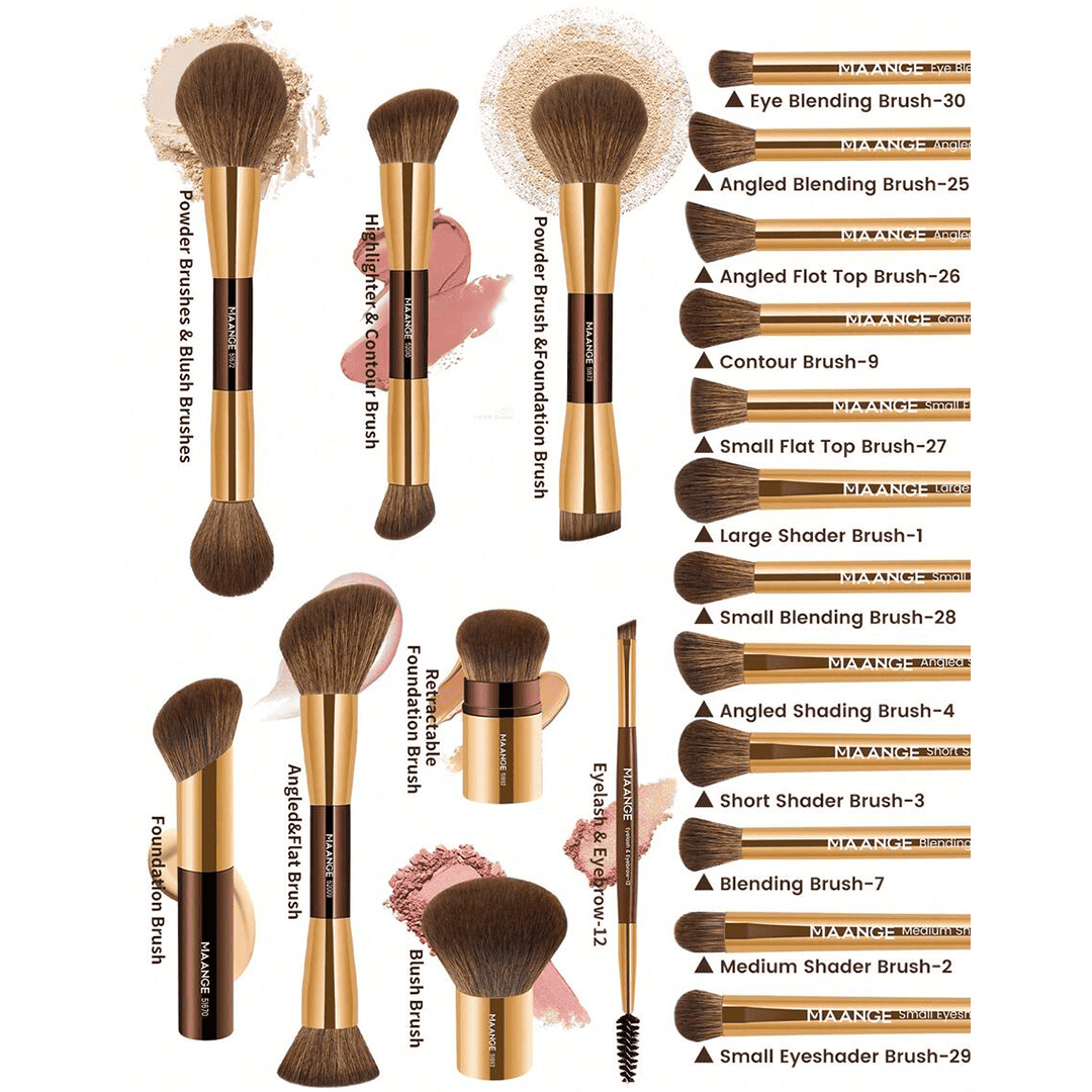MAANGE 20Pcs Professional Aluminum Tube Makeup Brushes & Sponge Puff Set + Storage Box