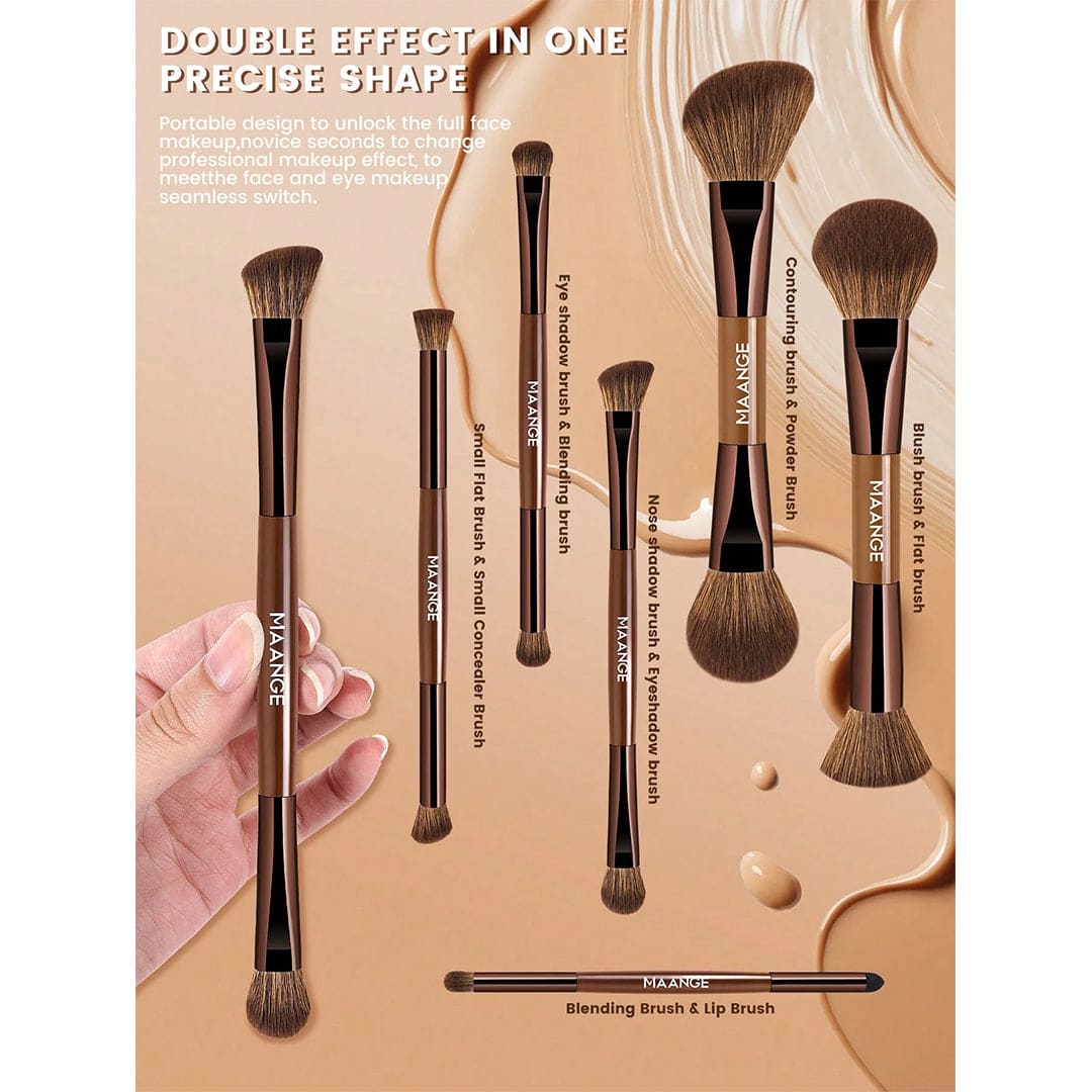 MAANGE 6Pcs Double Headed Soft Natural Synthetic Hair Cosmetic Brush Set