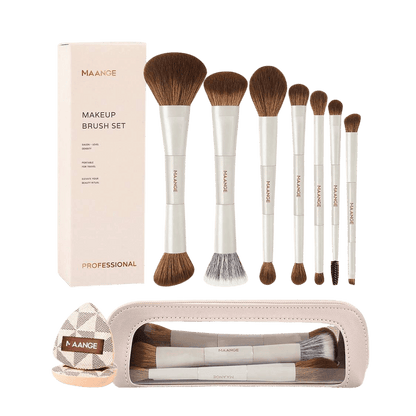 MAANGE 7Pcs Makeup Brushes + 2 Powder Puffs + 1 Makeup Bag