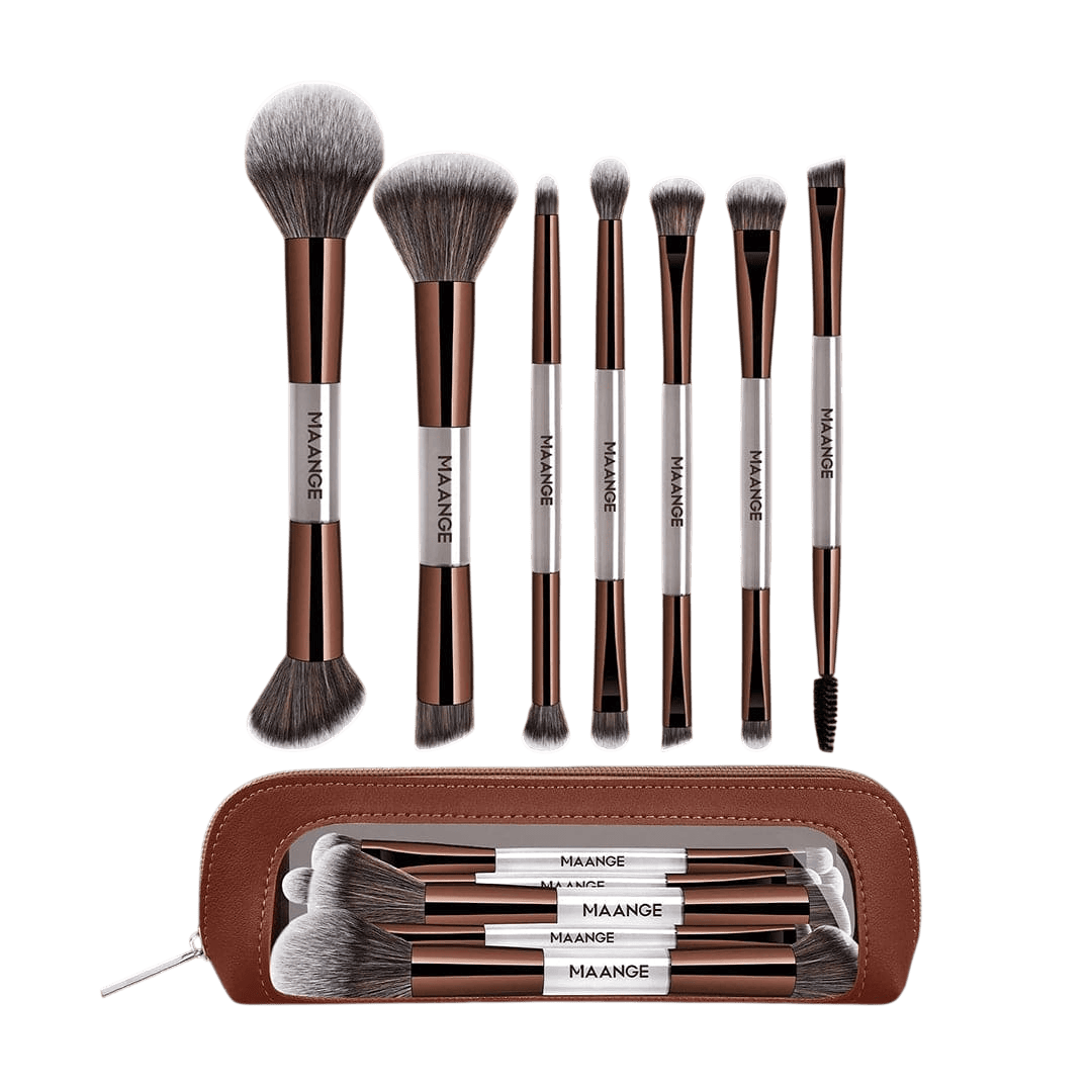 MAANGE 7Pcs Professional Facial Double-Ended Makeup Brush Set + Cosmetics Bag