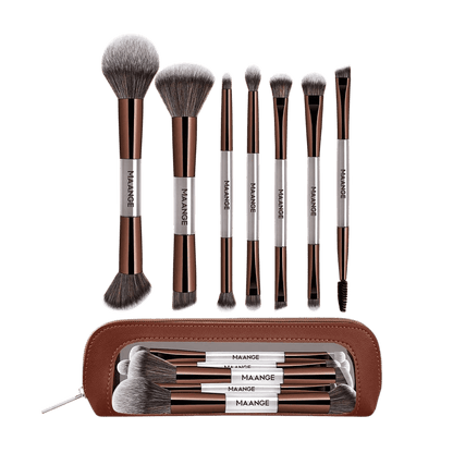 MAANGE 7Pcs Professional Facial Double-Ended Makeup Brush Set + Cosmetics Bag