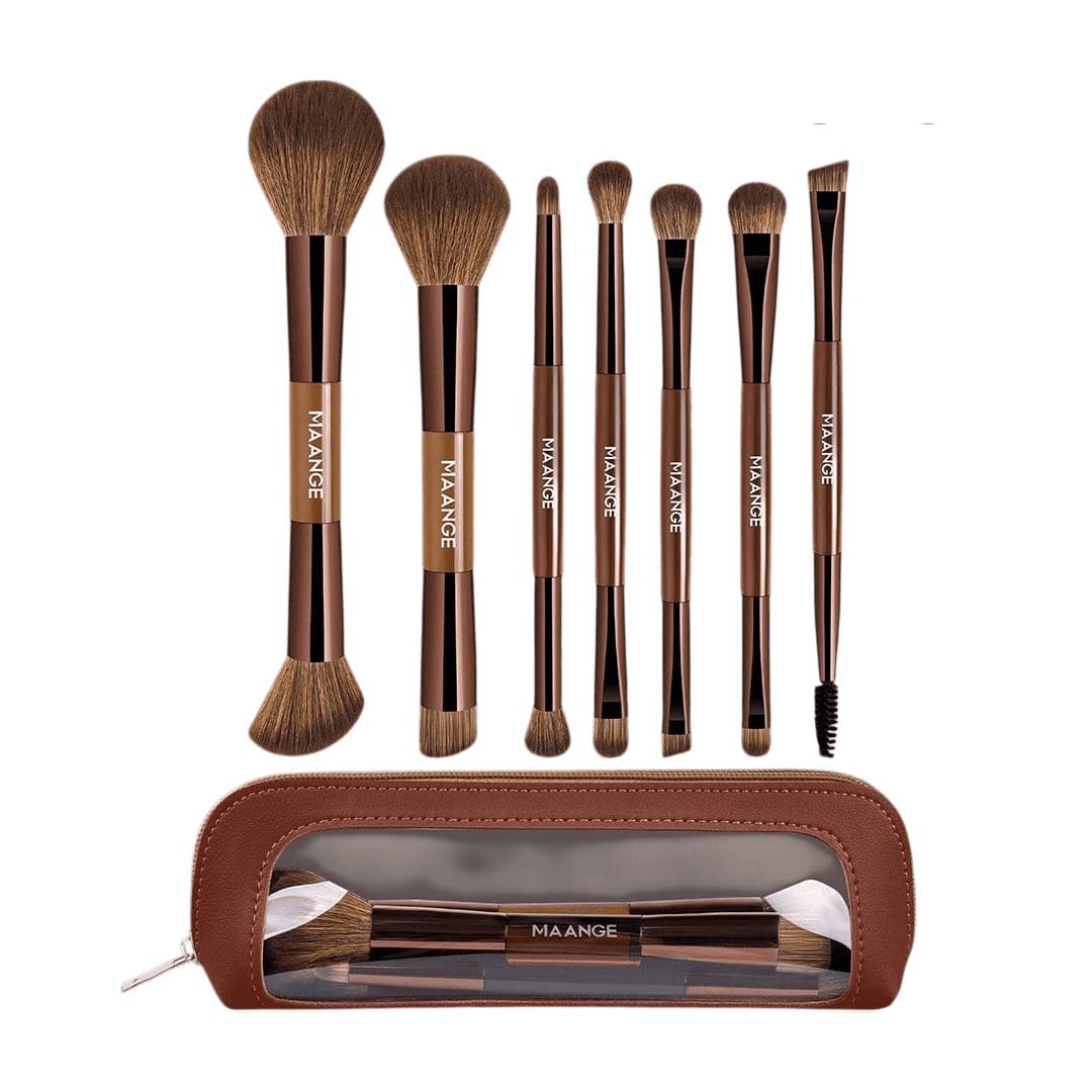 MAANGE 7Pcs Professional Facial Double-Ended Makeup Brush Set + Cosmetics Bag