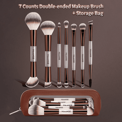 MAANGE 7Pcs Professional Facial Double-Ended Makeup Brush Set + Cosmetics Bag
