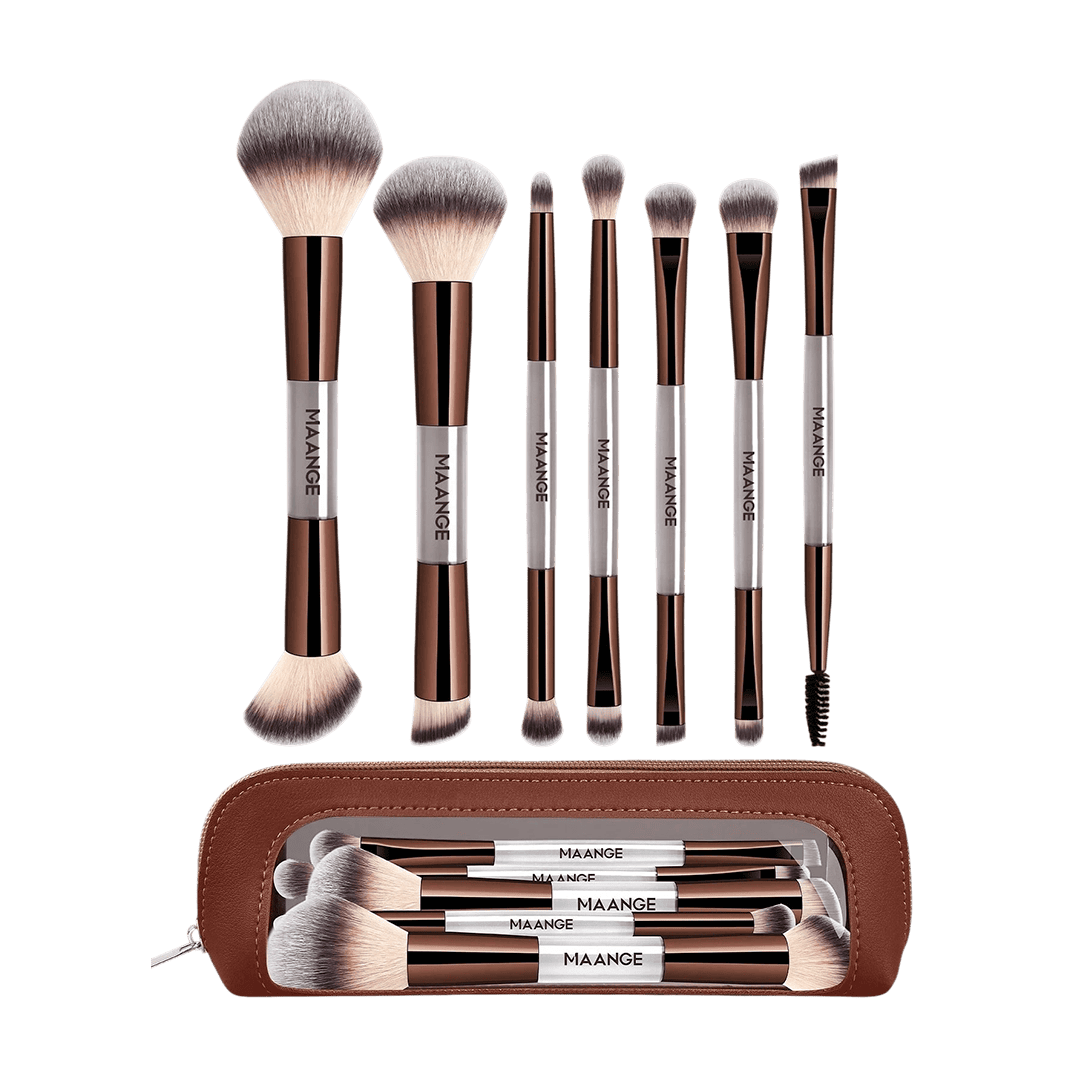 MAANGE 7Pcs Professional Facial Double-Ended Makeup Brush Set + Cosmetics Bag