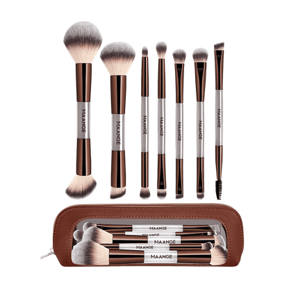 MAANGE 7Pcs Professional Facial Double-Ended Makeup Brush Set + Cosmetics Bag