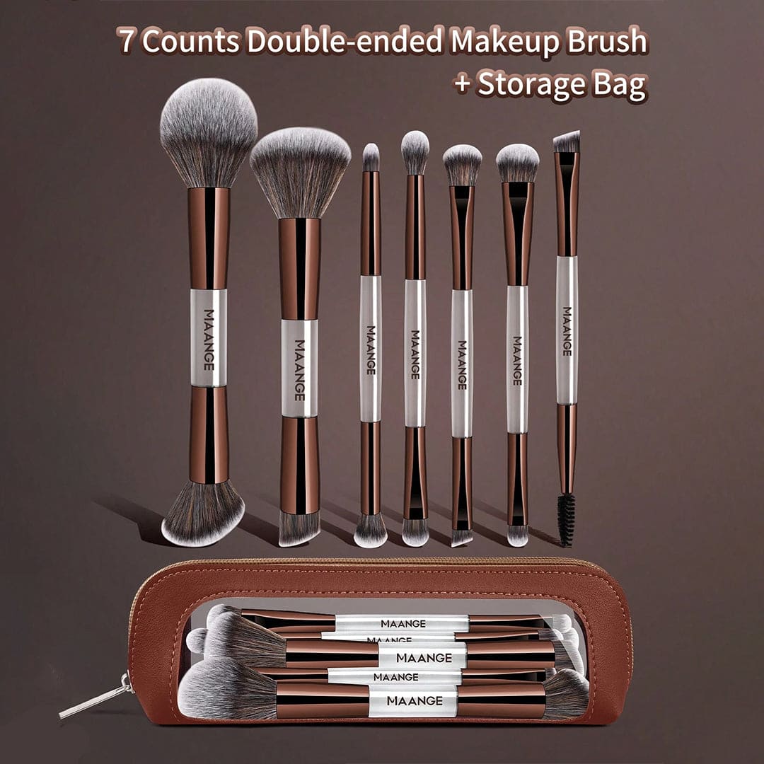 MAANGE 7Pcs Professional Facial Double-Ended Makeup Brush Set + Cosmetics Bag