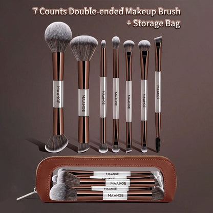 MAANGE 7Pcs Professional Facial Double-Ended Makeup Brush Set + Cosmetics Bag