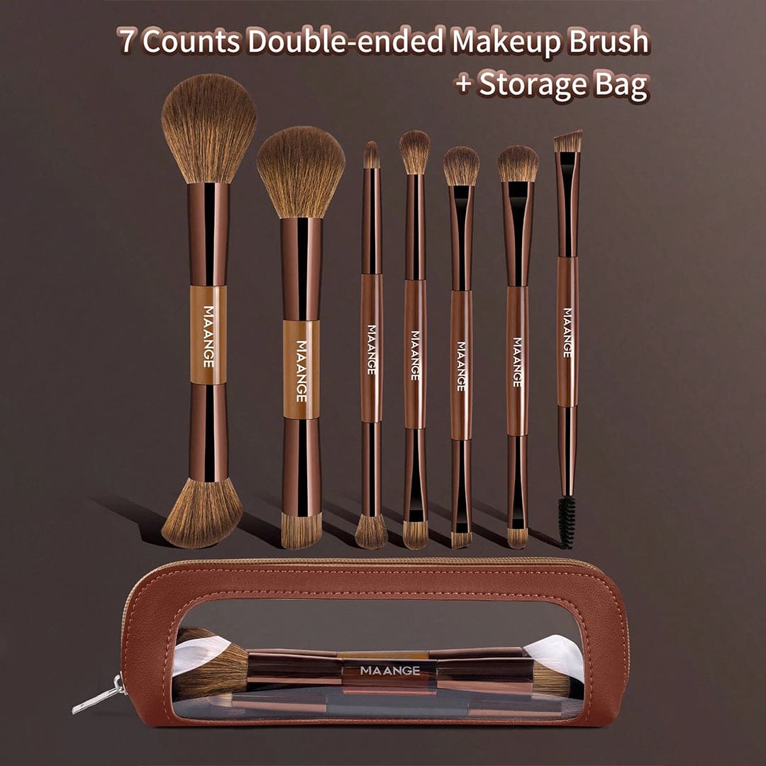 MAANGE 7Pcs Professional Facial Double-Ended Makeup Brush Set + Cosmetics Bag