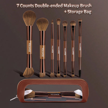 MAANGE 7Pcs Professional Facial Double-Ended Makeup Brush Set + Cosmetics Bag