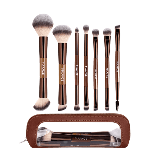 MAANGE 7Pcs Professional Dual-Ended Makeup Brush Set + Cosmetics Bag