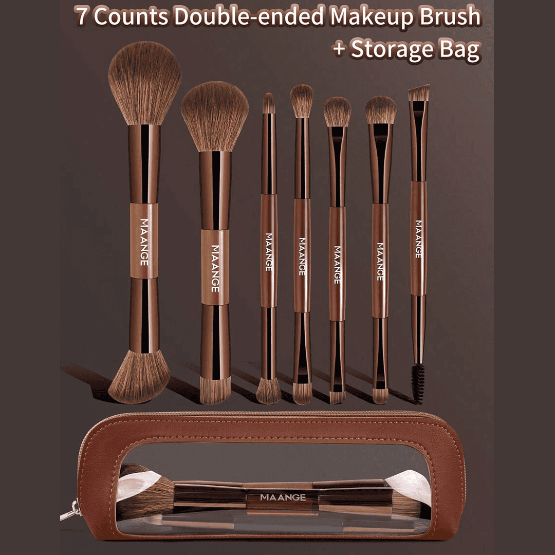 MAANGE 7Pcs Soft Dual-Ended Multi-Functional Makeup Brush Set + Cosmetics Bag