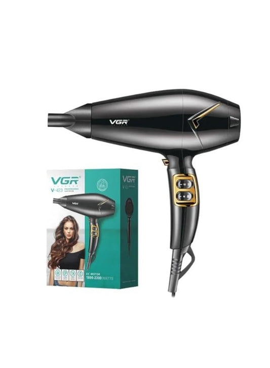 VGR V-423 مجفف شعر احترافي من سلسلة صالونات التجميل 1800-2200 واط، محرك تيار مستمر، 3 إعدادات للحرارة، لقطة باردة مستقلة، فوهة مشط تصفيف الشعر، حماية من الحرارة الزائدة مع وظيفة التربو، وإعدادين للسرعة، لون أسود