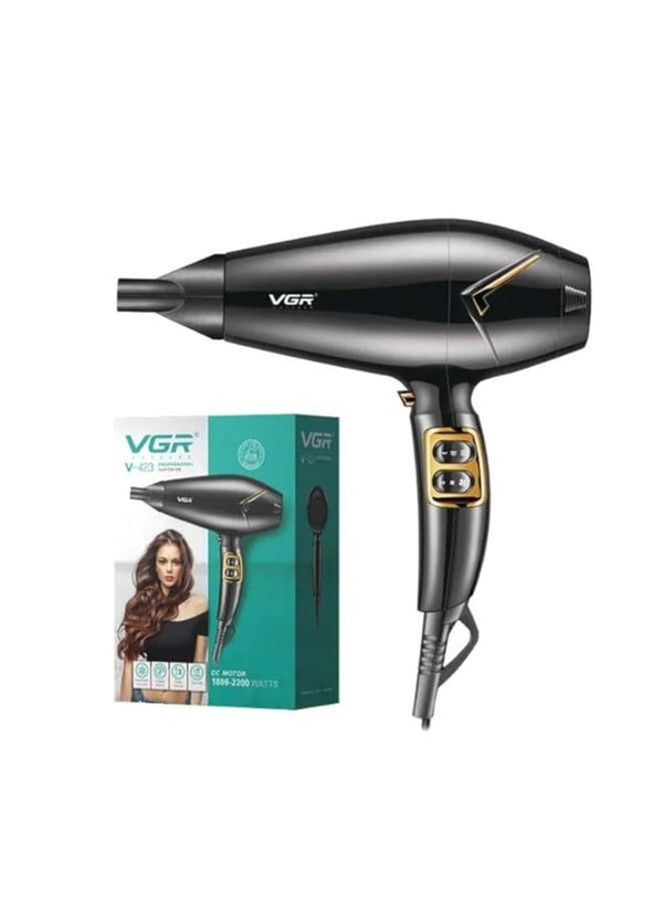 VGR V-423 مجفف شعر احترافي من سلسلة صالونات التجميل 1800-2200 واط، محرك تيار مستمر، 3 إعدادات للحرارة، لقطة باردة مستقلة، فوهة مشط تصفيف الشعر، حماية من الحرارة الزائدة مع وظيفة التربو، وإعدادين للسرعة، لون أسود