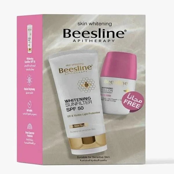 Beesline® مجموعة ترويجية (واقي الشمس للتفتيح SPF 50 + مزيل عرق رول أون بخلاصة الورد البري مجاناً)