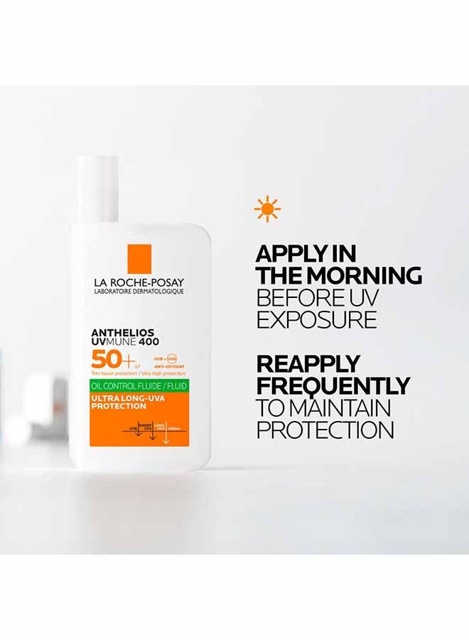 Anthelios UVMune 400 Oil Control Fluid Sunscreen SPF 50+ for Men/Women; Dermatologically-Tested Sunblock for Sensitive Oily Skin 50ML