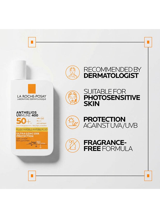 Anthelios Uvmune 400 Invisible Fluid Sunscreen Spf 50+ For Men/Women; Dermatologically-Tested Skincare Sunblock For Sensitive, Reactive, Or Sun-Allergic Skin 50ml