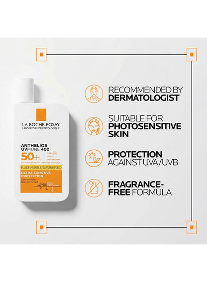 Anthelios Uvmune 400 Invisible Fluid Sunscreen Spf 50+ For Men/Women; Dermatologically-Tested Skincare Sunblock For Sensitive, Reactive, Or Sun-Allergic Skin 50ml